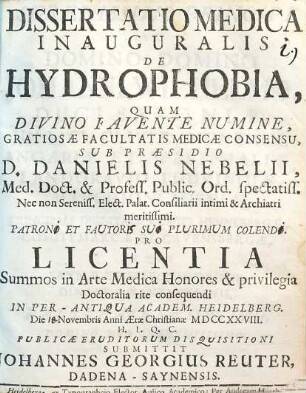 Dissertatio Medica Inauguralis De Hydrophobia