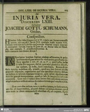 De Iniuria Vera, Discursus LXIII. Defendens Joachim Gottl. Schumann, Gedan.