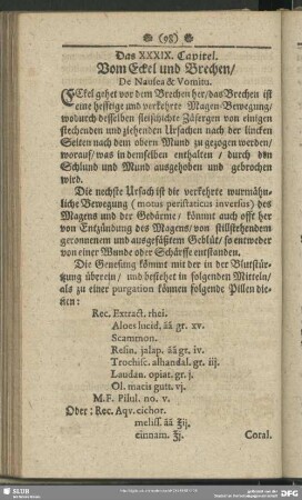 Das XXXIX. Capitel. Vom Eckel und Brechen, De Nausea & Vomitu