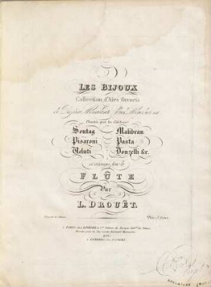 Les bijoux : collection d'airs favoris ; de Rossini, Mercadante, Gluck, Meyerbeer etc.