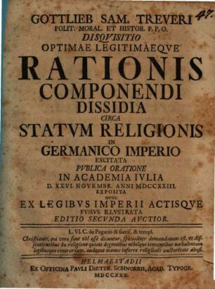 Disquisitio optimae legitimaeque rationis componendi dissidia circa statum religionis in Germanico Imperio