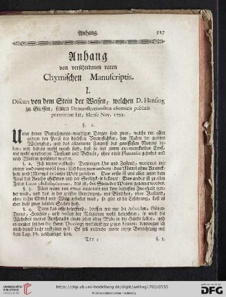 Anhang von verschiedenen raren Chymischen Manuscriptis