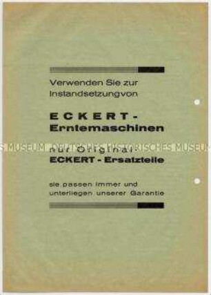 Eckert-Erntemaschinen, Preisliste für 1931