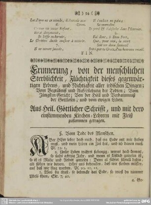 Erinnerung, von der menschlichen Sterblichkeit, Flüchtigkeit dieses gegenwärtigen Lebens, und Nichtigkeit aller irdischen Dingen;...