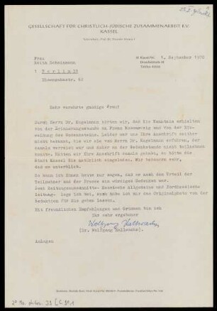 Brief von Wolfgang Hallwachs an Edith Rosenzweig