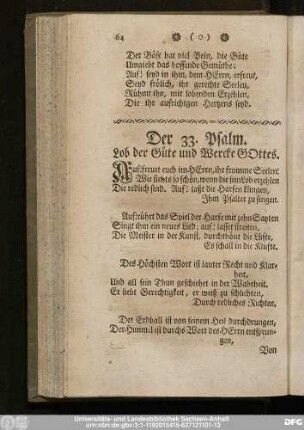 Der 33. Psalm. Lob der Güte und Wercke Gottes.