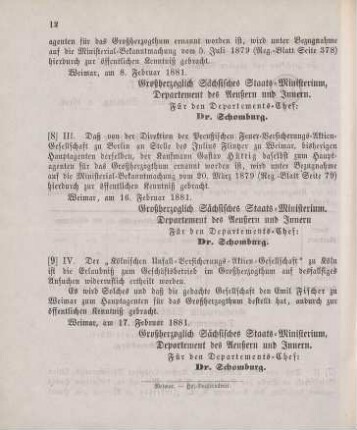 9. Ministerial-Bekanntmachung, die Konzessionierung der Kölnischen Unfall-Versicherungs-Aktien-Gesellschaft zum Geschäftsbetrieb im Großherzogthum betreffend