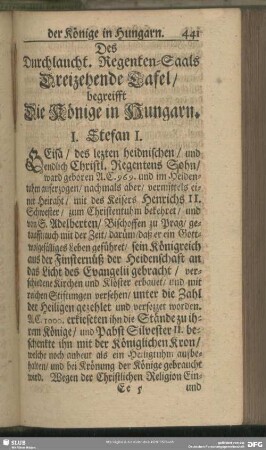 Des Durchlaucht. Regenten-Saals Dreizehende Tafel, begreifft Die Könige in Hungarn
