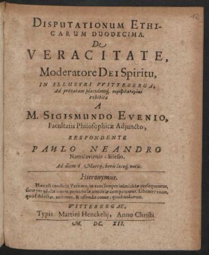 Disputationum Ethicarum Duodecima. De Veracitate