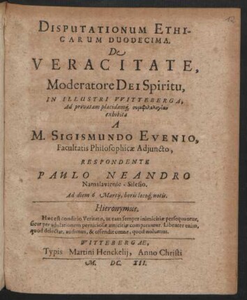 Disputationum Ethicarum Duodecima. De Veracitate