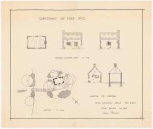 Gartenhaus auf einer Insel: Lageplan, Grundrisse, Ansichten, Schnitte