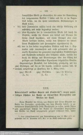XXII. Uebereinkunft zwischen Bayern und Frankreich wegen gegenseitigen Schutzes der Rechte an literarischen Erzeugnissen und Werken der Kunst