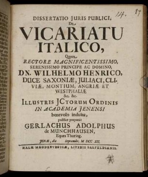 Dissertatio Juris Publici, De Vicariatu Italico,