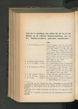 Lijst der in opvolging van artikel 52, 2e lid van het Besluit op de Indische Bestuursopleiding, aan de N.-I. Bestuursacademie gehouden voordrachten.