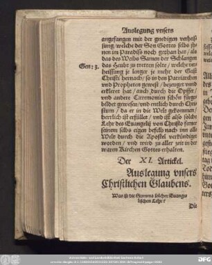 Der XI. Artickel. Auslegung unsers Christlichen Glaubens.