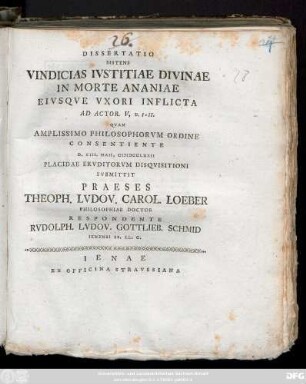 Dissertatio Sistens Vindicias Ivstitiae Divinae In Morte Ananiae Eivsqve Vxori Inflicta Ad Actor. V, v. I-II