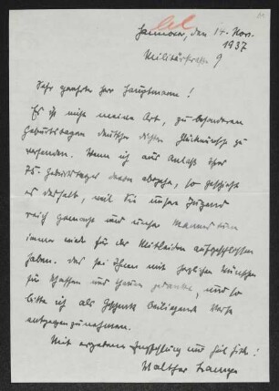 Brief von Walther Lampe an Gerhart Hauptmann