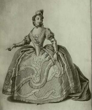 Rosa Negri Pavona (Negri-Risack) als Parce in "Attilio Regolo" von Metastasio und Hasse. Hoftheater Dresden, Uraufführung 12. Januar 1750. Federzeichnung von F. Ponte, Blatt 3 in: Vestiarium der Oper "Attilio Regolo". Dresden: Kupferstich-Kabinett Ca 103