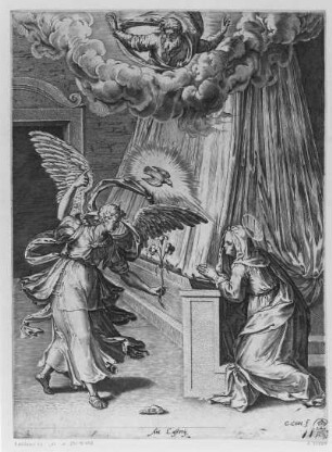 Verkündigung an Maria : Cort, Cornelis (1533-1578), Clovio, Giulio (1498-1578), Lafreri, Antonio (1512-1577). Verkündigung an Maria. Kupferstich; 27,3 x 20,4 cm. Dresden: Kupferstich-Kabinett A 93023 in A 1076,2