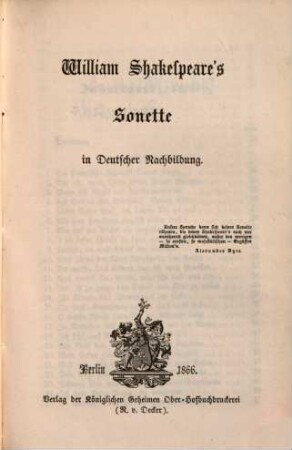 William Shakespeare's Sonette : in deutscher Nachbildung