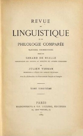 Revue de linguistique et de philologie comparée : recueil trimestriel, 20. 1887