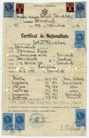 Rumänische Staatsbürgerschafts-Urkunde für die Familie Vonau - Familienkonvolut