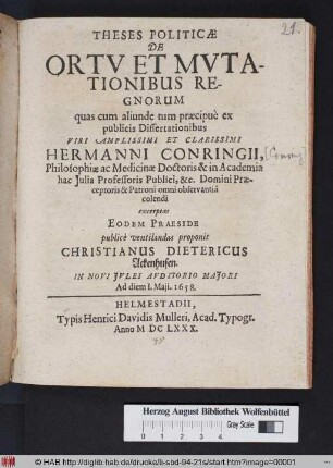 Theses Politicae De Ortu Et Mutationibus Regnorum