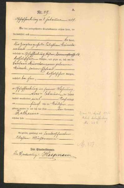 Standesamtsbuch der Stadt Aschaffenburg: Geburten 365/1900 - 184/1901