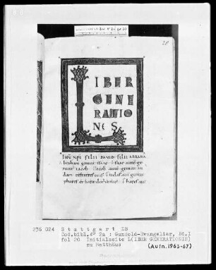Gundold-Evangeliar — Band 1 — Band 2 — Initialseite L(iber generationis), Folio 20recto