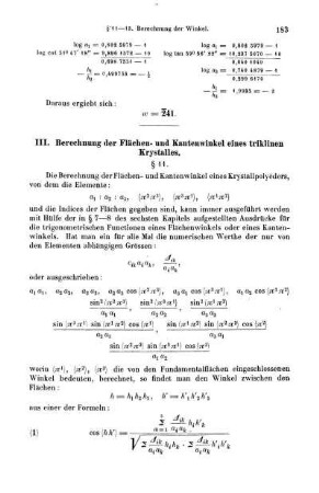 § 11.-13. Berechnung der Flächen- und Kantenwinkel eines triklinen Krystalles.