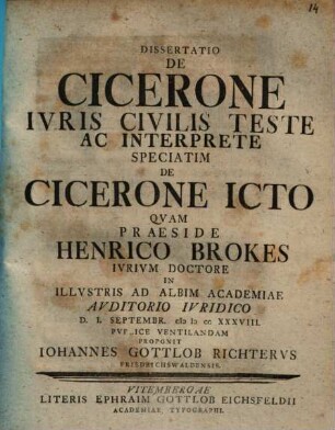 Dissertatio De Cicerone Iuris Civilis Teste Ac Interprete Speciatim De Cicerone ICto