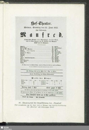 37. Theaterzettel der Uraufführung des "Manfred"