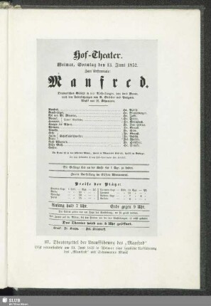 37. Theaterzettel der Uraufführung des "Manfred"