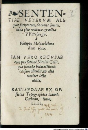 Sententiae Vetervm Aliquot scriptorum, de coena Domini