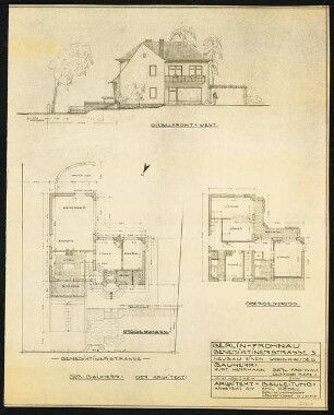 Garten Kurt Herrmann, Berlin-Frohnau: Wohnhaus: Grundrisse Erdgeschoss und Obergeschoss, Ansicht Giebelfront West 1:100 (Zeichnung des Architekten)