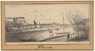 Stadtansicht von Pirna mit dem Sonnenstein und der Marienkirche von Nordosten über die Elbe