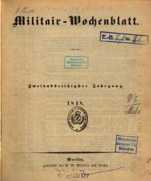 Militär-Wochenblatt : unabhängige Zeitschrift für die deutsche Wehrmacht. 32. 1848