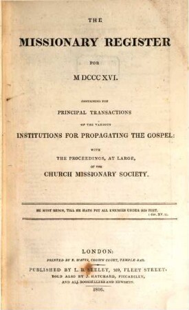 The Missionary register : containing the principal transactions of the various institutions for propagating the gospel ; with the proceedings at large of the Church Missionary Society, 1816