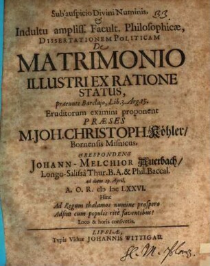 Disp. polit. de matrimonio illustri ex ratione status