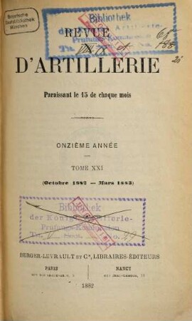 Revue d'artillerie. 21. 1882/83 = Année 11