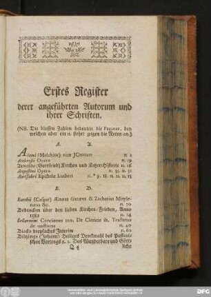 Erstes Register derer angeführten Autorum und ihrer Schriften.