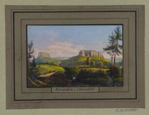 Ansicht der Festung Königstein, Radierung, um 1840 : Königstein und Lilienstein, [ca. 1840]. - 1 Kunstblatt : kol. Radierung; 10,4 x 6,7 cm