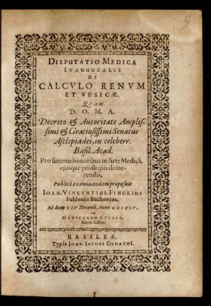 Disputatio Medica Inauguralis De Calculo Renum Et Vesicae