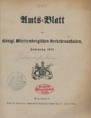 1877: Amtsblatt der Württembergischen Verkehrsanstalten