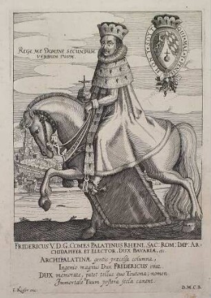 Kurfürst Friedrich V. zu Pferd nach links, dahinter der Neckar mit der Stadt Heidelberg und dem Schloss von Norden