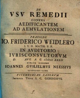 De Vsv Remedii Contra Aedificantem Ad Aemvlationem