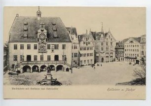 "Marktplatz mit Rathaus und Ratskeller", Robert-Mayer-Denkmal, Markplatz 9, 10 (Haus Buttersack) und 11 (Hotel Falken)