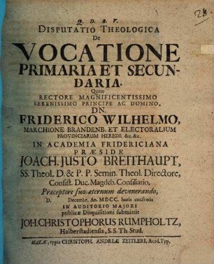 Disp. theol. de vocatione primaria et secundaria
