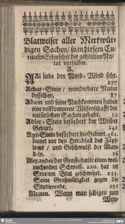 Blatweiser aller Merkwürdigen Sachen, so in diesem Curieusen Erforscher der geheimen Natur vorfallen