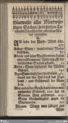Blatweiser aller Merkwürdigen Sachen, so in diesem Curieusen Erforscher der geheimen Natur vorfallen